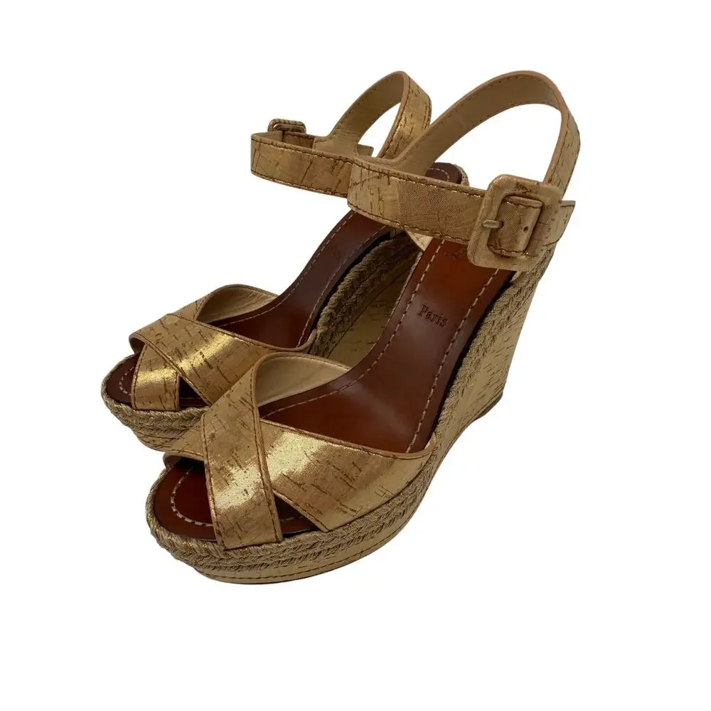 Christian Louboutin Almeria 120 Liege Gold Cork Wedge Sandals Women's Size 36